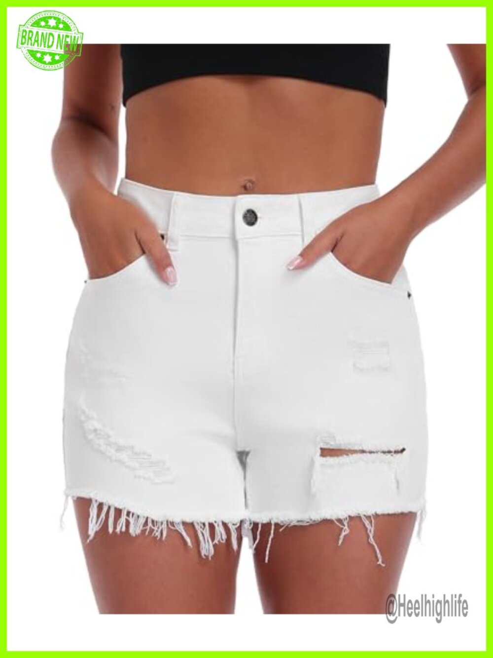 Ripped Distressed Denim Shorts Mid-High Waisted Stretchy Jean Shorts